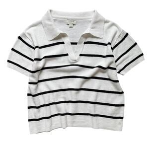 J.Crew Linen Blend Striped Polo Sweater Knit Top White Black Small